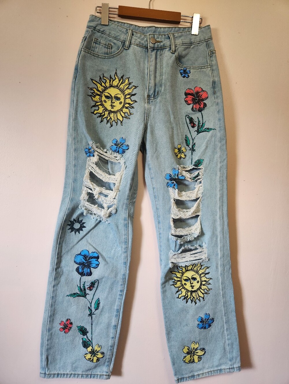 Celestial Sun & Floral Graphic Ripped Distressed Straight Leg Jeans Size 4